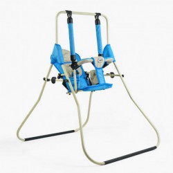 Напольные детские качели Alinka для дома и улицы с синим каркасом, мягким бежевым сиденьем и защитным ограждением