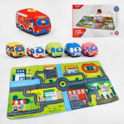 Набор тканевых машин HE 0243 с игровым ковриком, 6 мягких машинок с пискалками, шелестящими и гримлячими элементами